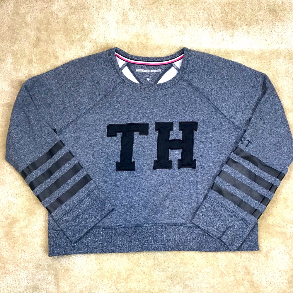 Tommy Hilfiger Sport Gray Black Cropped Sweat Shirt Women's Size L Large Logo TH